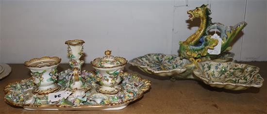 German flower encrusted dressing table set & Majolica style entree dish